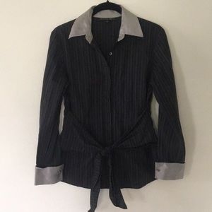 Lafayette 148 New York Black Stripe Tie Blouse